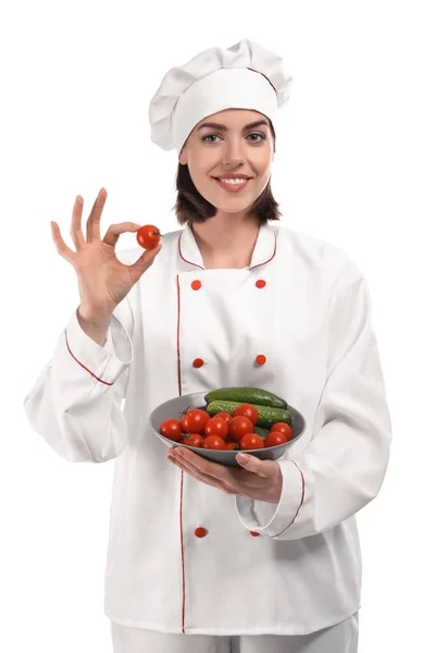 Jonge Vrouwelijke Chef Kok Met Groenten Witte Achtergrond — Stockfoto