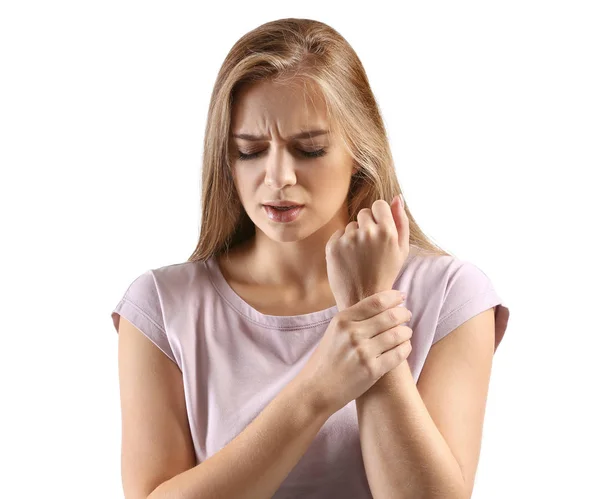 Young Woman Suffering Pain Wrist White Background — Stock Photo, Image