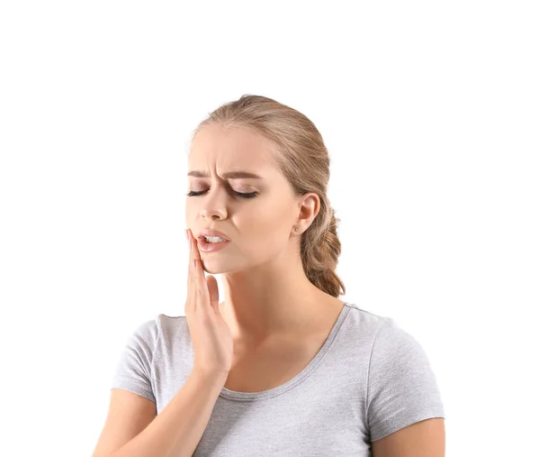 Genç Kadın Beyaz Arka Plan Üzerinde Diş Ağrısı Muzdarip — Stok fotoğraf