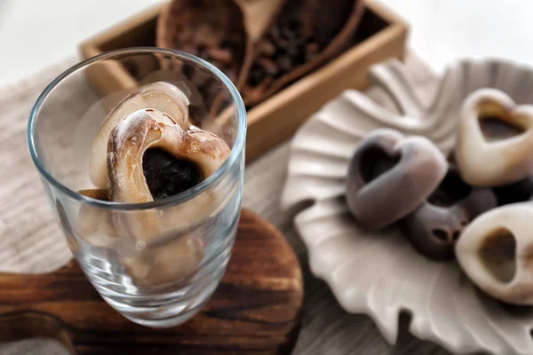 Heart Shaped Coffee Ice Pieces Glass — Stock Photo, Image