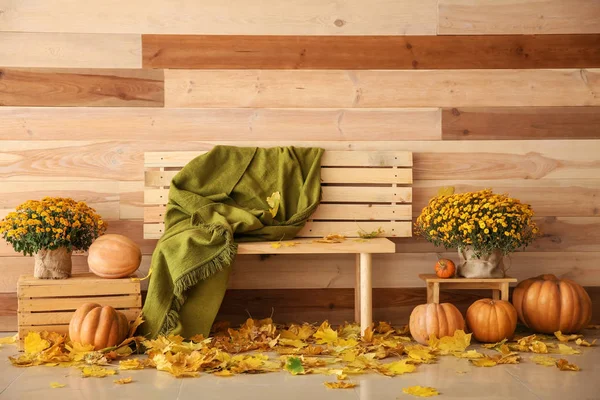 Beautiful Autumn Composition Bench Pumpkins Leaves Wooden Wall — Stock Photo, Image