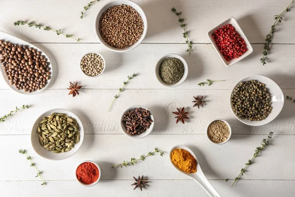 Flat Lay Composition Spices White Wooden Table — Stock Photo, Image