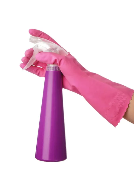 Donna Possesso Bottiglia Spray Detergente Sfondo Bianco — Foto Stock