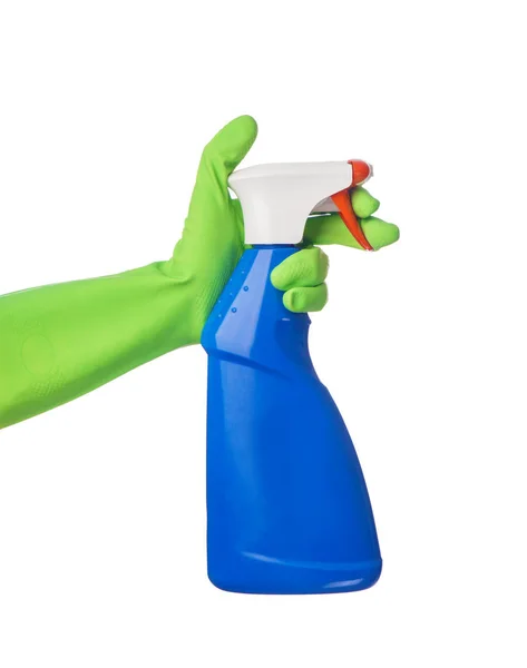 Woman Holding Spray Bottle Detergent White Background — Stock Photo, Image