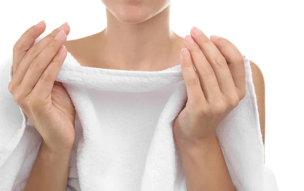 Beautiful Young Woman Towel White Background Closeup — Stock Photo, Image