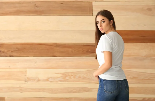 Young Woman Stylish Shirt Wooden Wall — Stock Photo, Image