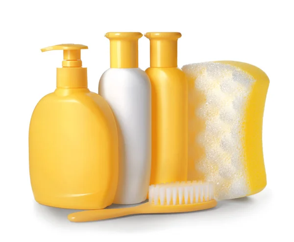 Plastic Bottles Baby Cosmetic Products Shower Sponge Brush White Background — Stock Photo, Image
