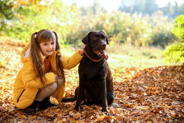 Nettes Kleines Mädchen Mit Hund Herbstpark — Stockfoto