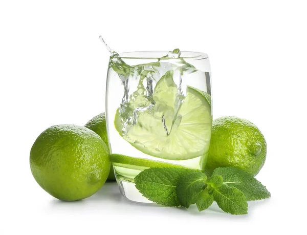 Glass Water Lime Mint White Background — Stock Photo, Image