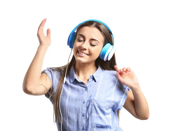 Beautiful Woman Listening Music White Background — Stock Photo, Image