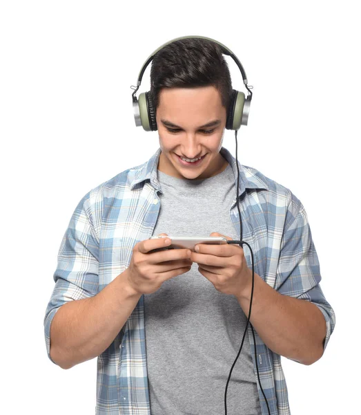 Jeune Homme Écoutant Musique Sur Fond Blanc — Photo