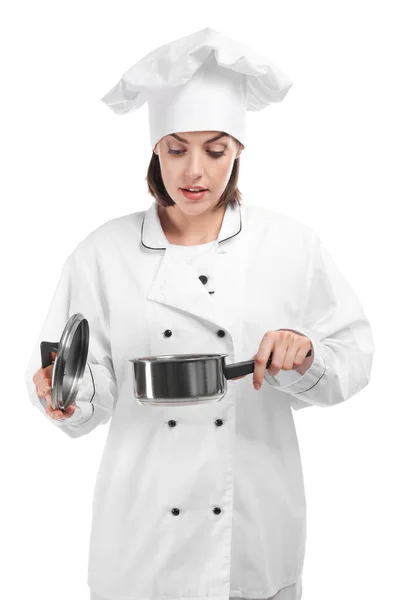 Jeune Chef Féminine Avec Pot Sur Fond Blanc — Photo