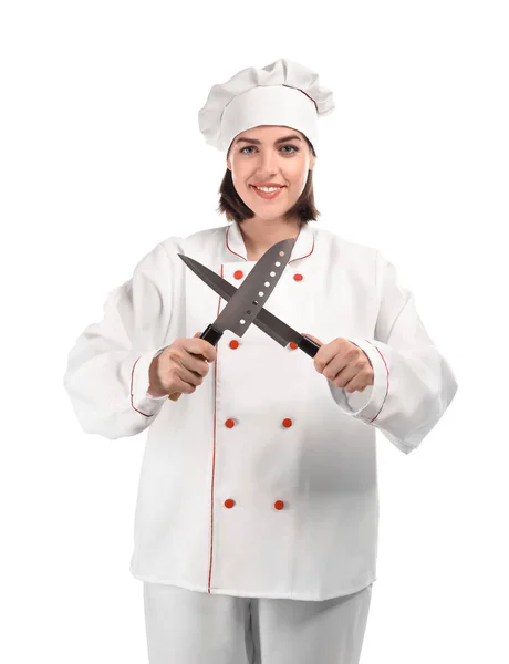 Jovem Chef Feminino Com Facas Fundo Branco — Fotografia de Stock