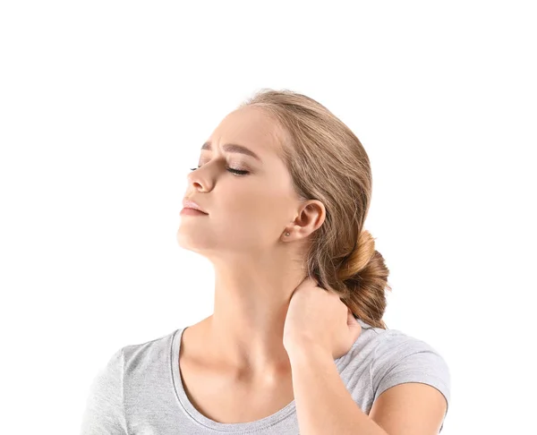 Young Woman Suffering Neck Pain White Background — Stock Photo, Image