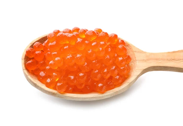 Spoon Delicious Red Caviar White Background Closeup — Stock Photo, Image