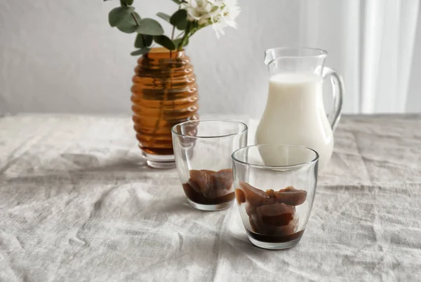 Glasses Coffee Ice Cubes Jug Milk Table — Stock Photo, Image