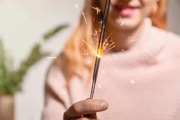 Woman Christmas Sparklers Closeup — Stock Photo, Image