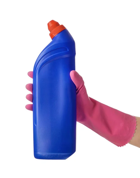 Woman Holding Bottle Detergent White Background — Stock Photo, Image