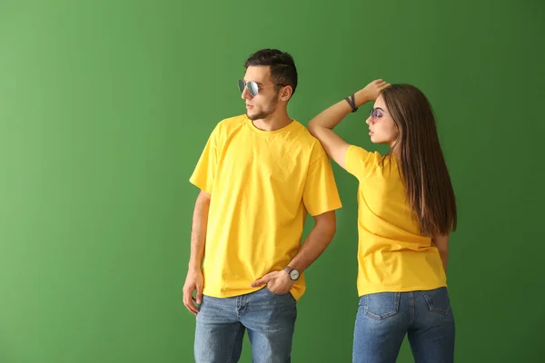 Young Man Woman Stylish Shirts Color Background — Stock Photo, Image