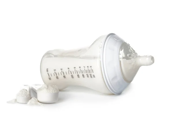 Bottle Milk Baby Measuring Scoops Powder White Background — Stock Photo, Image