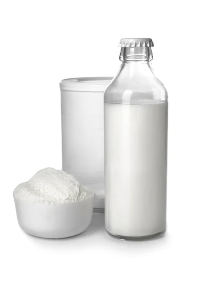 Bottle Milk Baby Measuring Scoop Powder White Background — Stock Photo, Image
