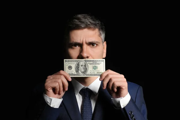 Businessman Covering Mouth Bribe Dark Background Corruption Concept — Stock Photo, Image