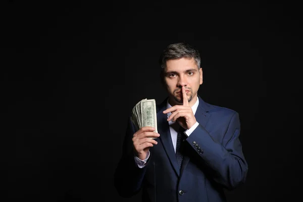 Businessman Bribe Showing Silence Gesture Dark Background Corruption Concept — Stock Photo, Image