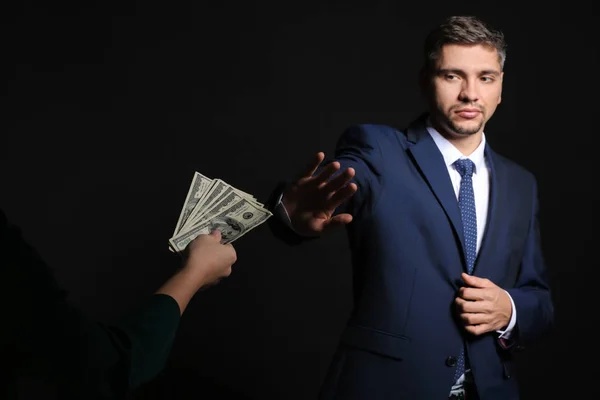 Businessman Refusing Take Bribe Dark Background Corruption Concept — Stock Photo, Image