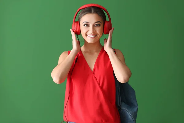 Beautiful Woman Listening Music Color Background — Stock Photo, Image