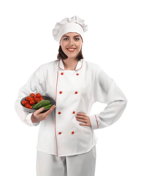 Jonge Vrouwelijke Chef Kok Met Groenten Witte Achtergrond — Stockfoto