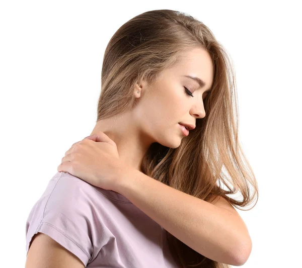 Young Woman Suffering Neck Pain White Background — Stock Photo, Image