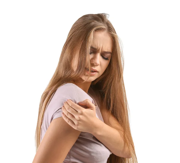 Young Woman Suffering Pain Shoulder White Background — Stock Photo, Image