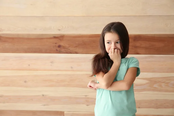 Emotional Girl Making Mistake Wooden Background — Stock Photo, Image