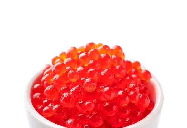 Cuenco Con Delicioso Caviar Rojo Sobre Fondo Blanco Primer Plano —  Fotos de Stock