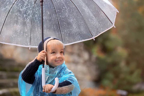 屋外の雨の下で透明な傘のかわいい男の子 — ストック写真