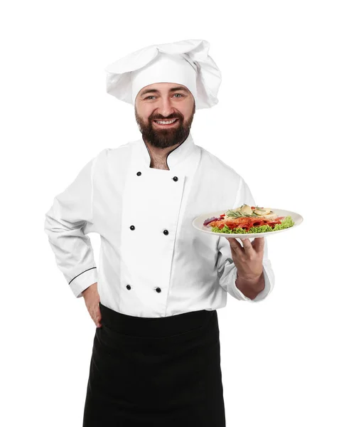 Chef Masculin Avec Plat Savoureux Sur Fond Blanc — Photo