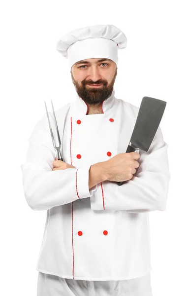 Männlicher Koch Auf Weißem Hintergrund — Stockfoto