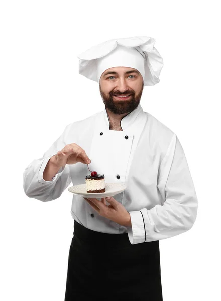 Mužské Kuchař Chutný Dezert Bílém Pozadí — Stock fotografie