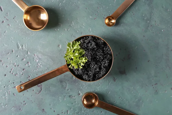 Scoop Delicious Black Caviar Color Table — Stock Photo, Image