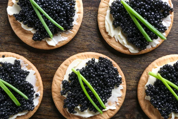 Delicious Cookies Black Caviar Wooden Table — Stock Photo, Image