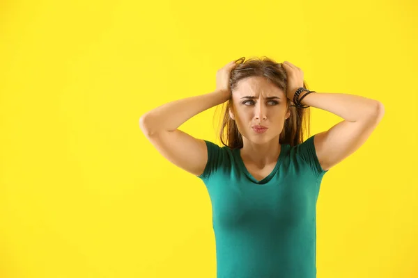 Emotional Young Woman Making Mistake Color Background — Stock Photo, Image