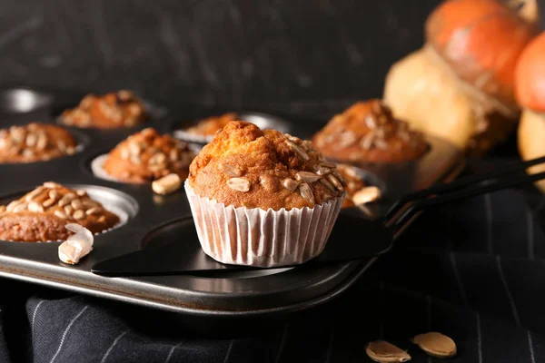 Tasty Pumpkin Muffin Sunflower Seeds Baking Form — Stock Photo, Image
