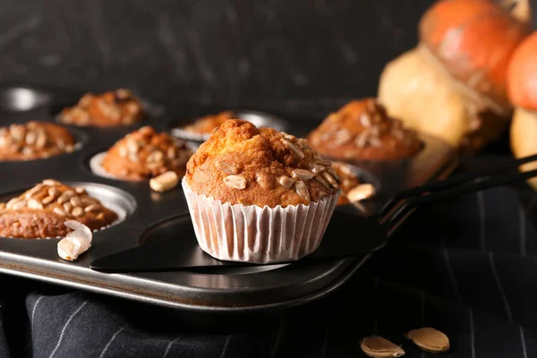 Muffin Zucca Saporito Con Semi Girasole Forma Cottura — Foto Stock