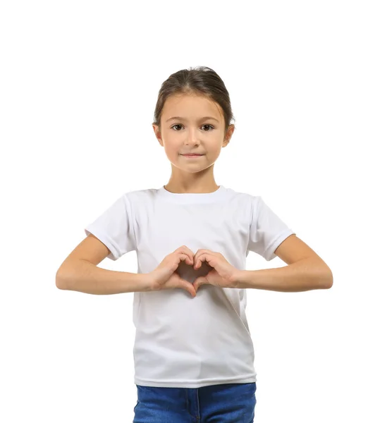 Cute Girl Shirt Making Heart Her Hands White Background — Stock Photo, Image