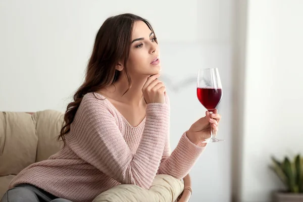 Beautiful Young Woman Drinking Wine Home — Stock Photo, Image