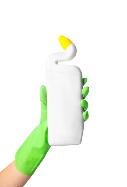 Woman Holding Bottle Detergent White Background — Stock Photo, Image