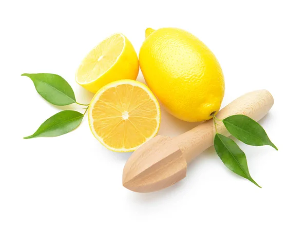 Whole Cut Lemons Wooden Juicer White Background — Stock Photo, Image