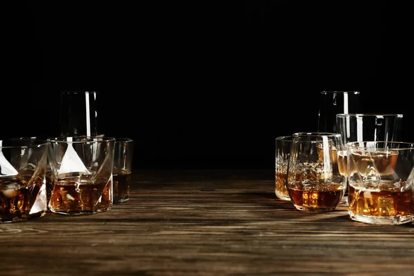 Glasses Whiskey Wooden Table Black Background — Stock Photo, Image