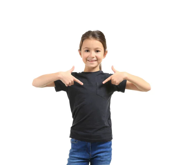 Cute Girl Pointing Her Shirt White Background — Stock Photo, Image