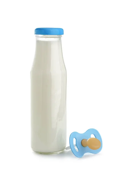 Bottle Milk Baby Soother White Background — Stock Photo, Image